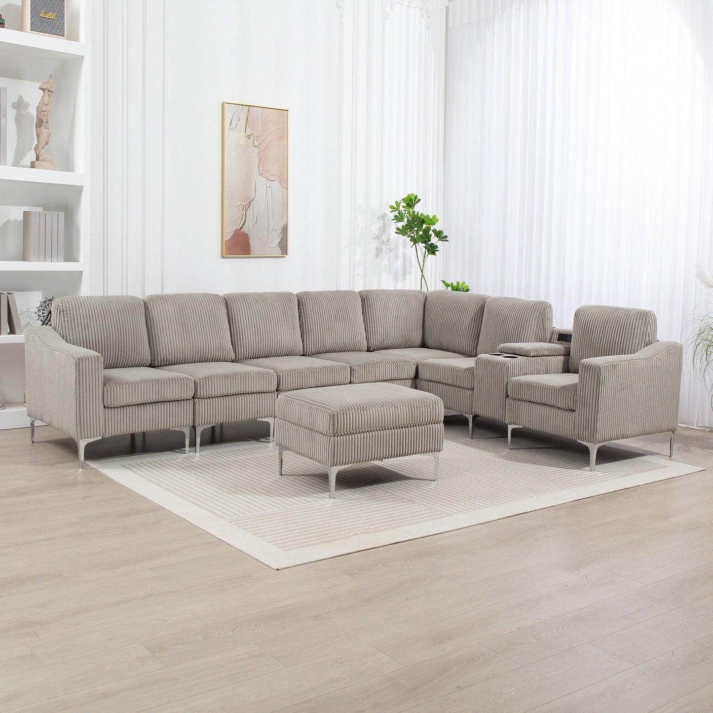 Canapé d'angle modulaire moderne en velours côtelé avec ports USB, pouf de rangement et porte-gobelets pour salon d'appartement