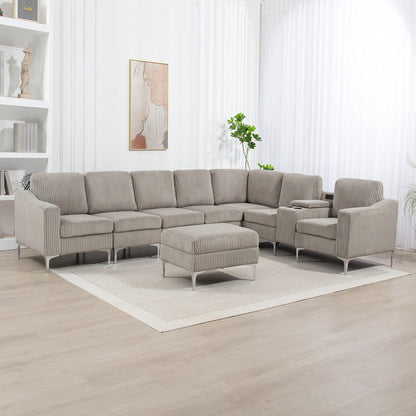 Canapé d'angle modulaire moderne en velours côtelé avec ports USB, pouf de rangement et porte-gobelets pour salon d'appartement