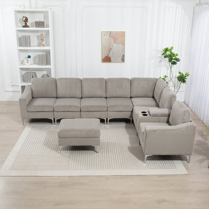 Canapé d'angle modulaire moderne en velours côtelé avec ports USB, pouf de rangement et porte-gobelets pour salon d'appartement