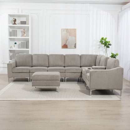 Canapé d'angle modulaire moderne en velours côtelé avec ports USB, pouf de rangement et porte-gobelets pour salon d'appartement