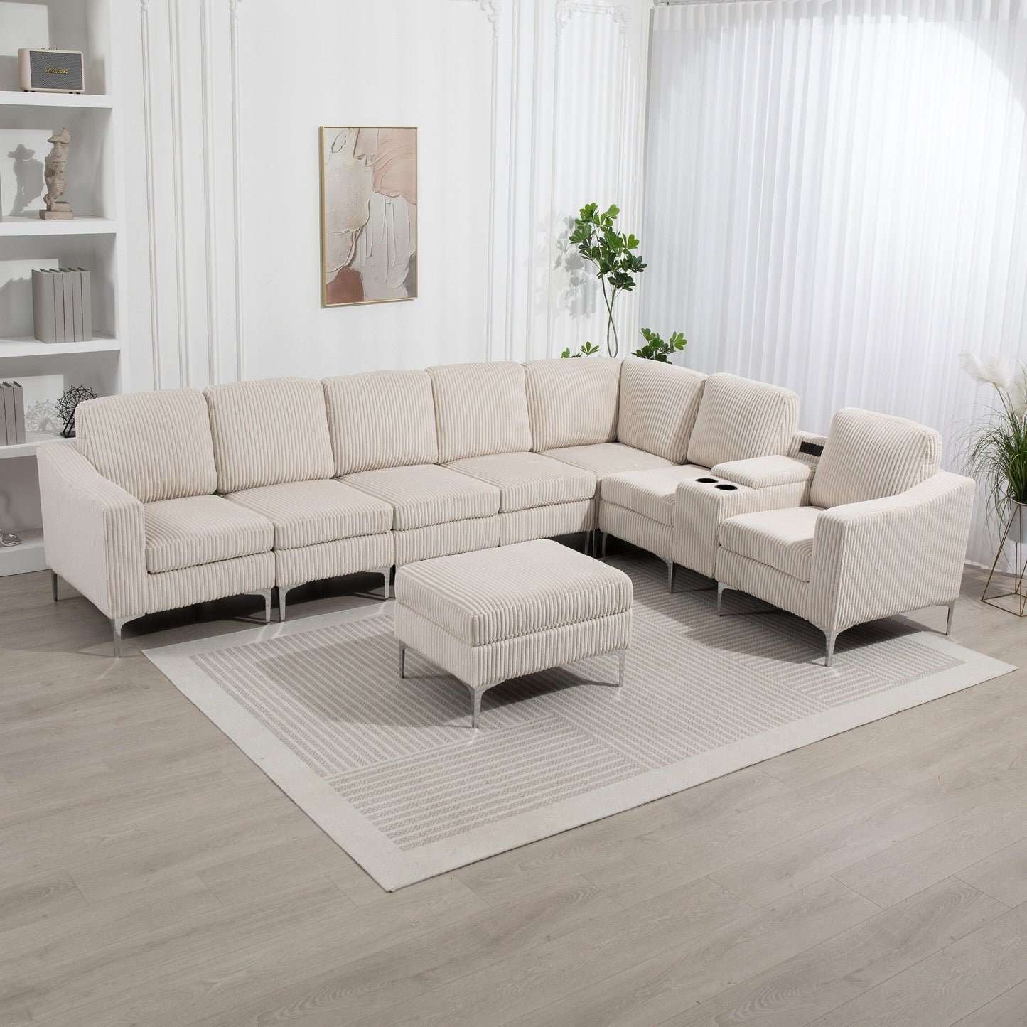Canapé d'angle modulaire moderne en velours côtelé avec ports USB, pouf de rangement et porte-gobelets pour salon d'appartement