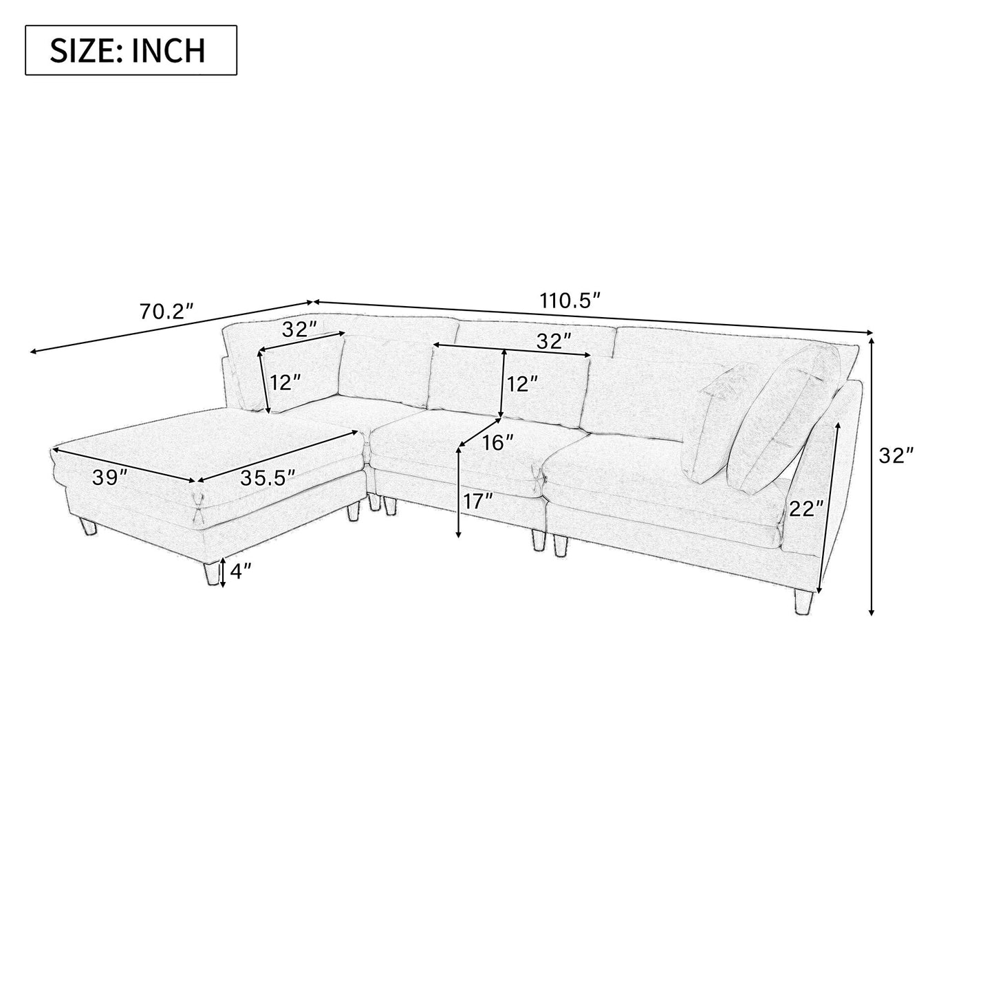 Canapé modulable moderne en L 4 places avec 5 coussins et pouf amovible pour salon ou bureau