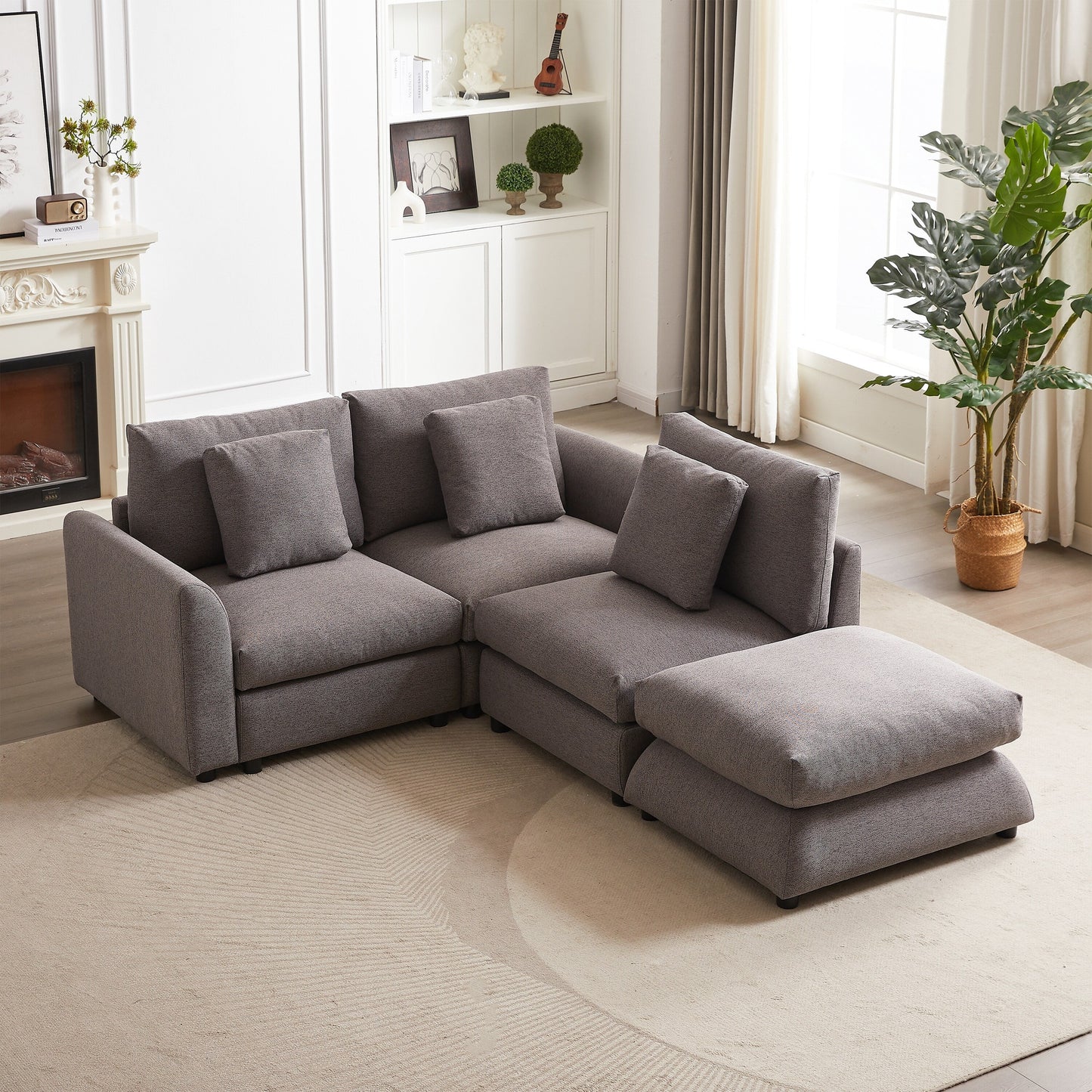 Canapé modulaire moderne en L avec pouf, 3 coussins et 3 oreillers pour le salon