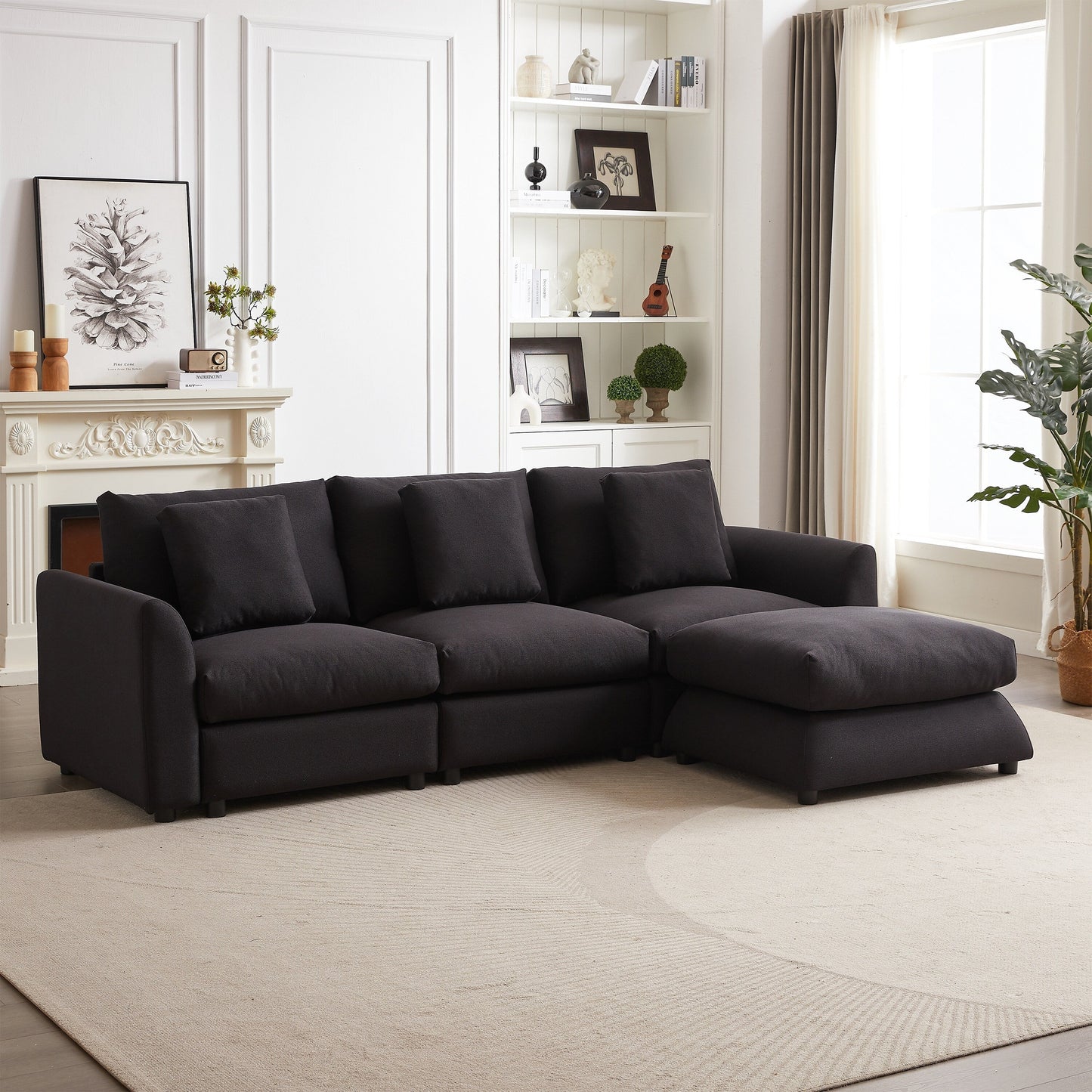 Canapé modulaire moderne en L avec pouf, 3 coussins et 3 oreillers pour le salon