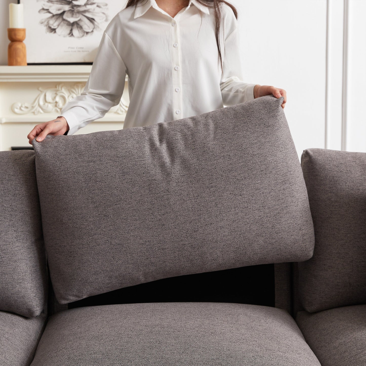 Canapé modulaire moderne en L avec pouf, 3 coussins et 3 oreillers pour le salon