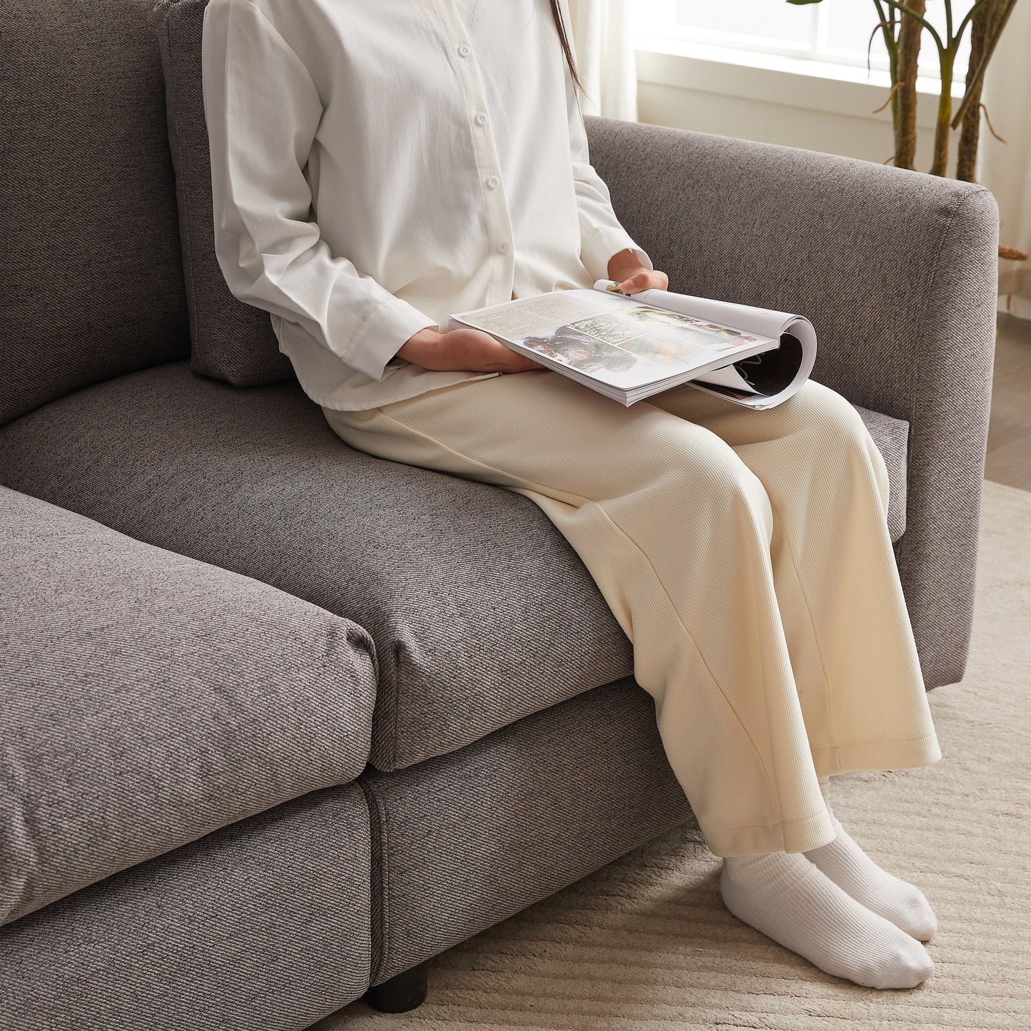 Canapé modulaire moderne en L avec pouf, 3 coussins et 3 oreillers pour le salon