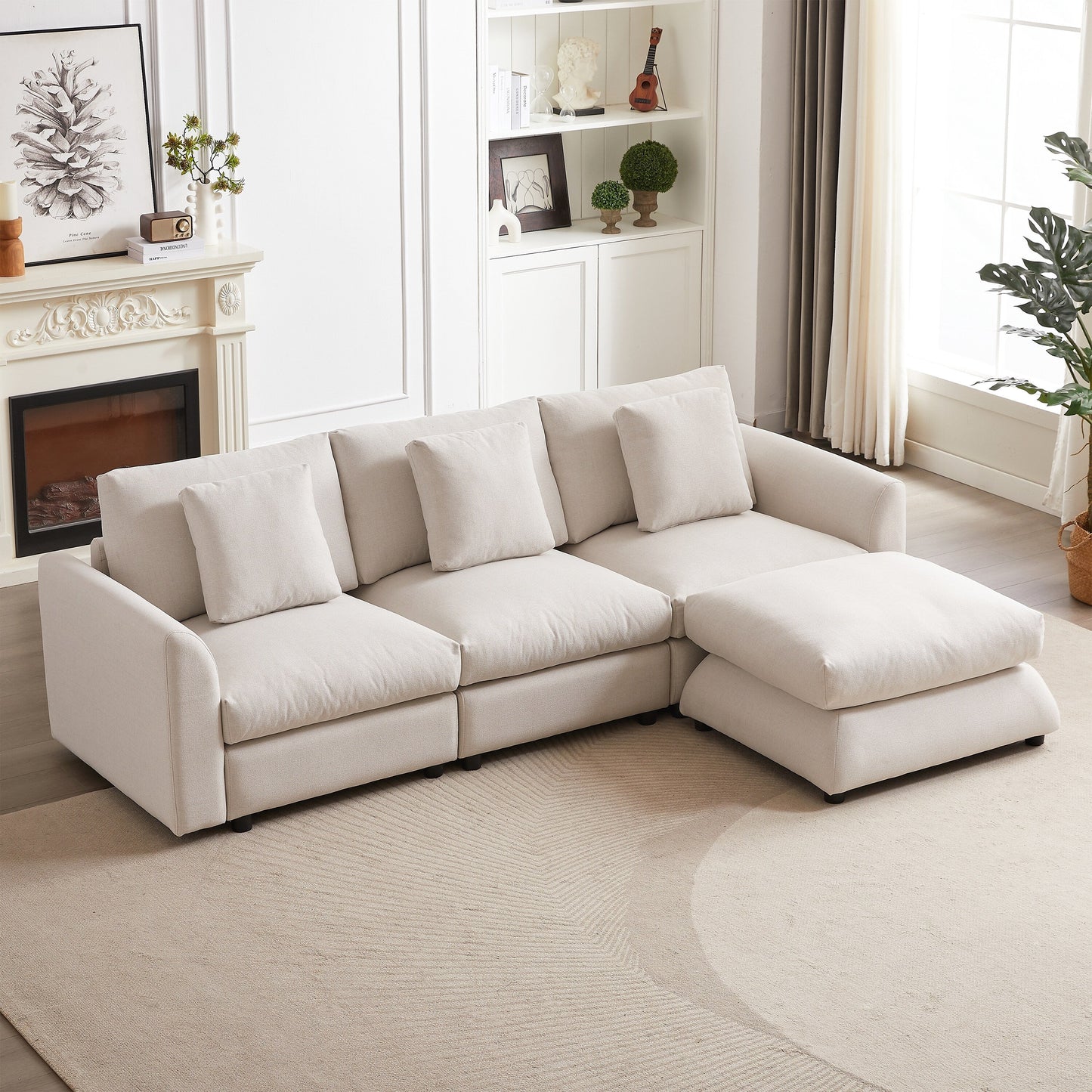 Canapé modulaire moderne en L avec pouf, 3 coussins et 3 oreillers pour le salon