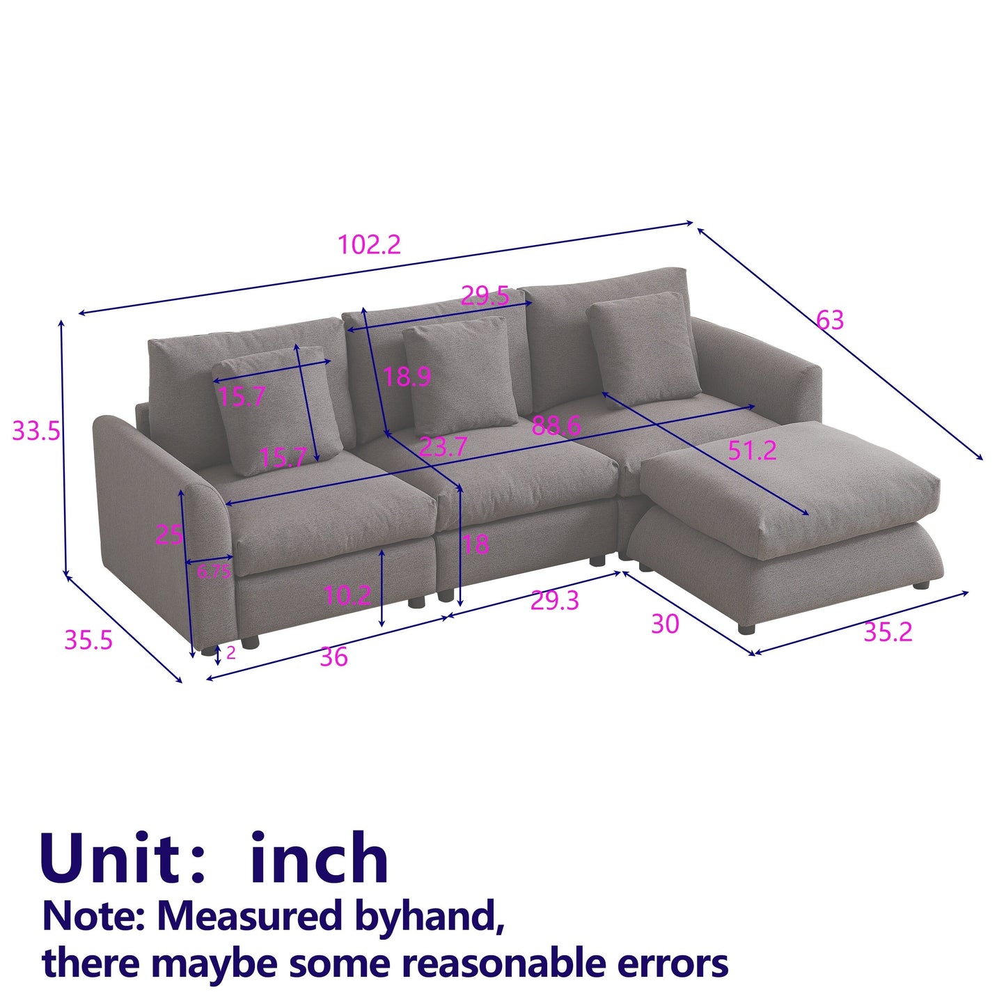 Canapé modulaire moderne en L avec pouf, 3 coussins et 3 oreillers pour le salon