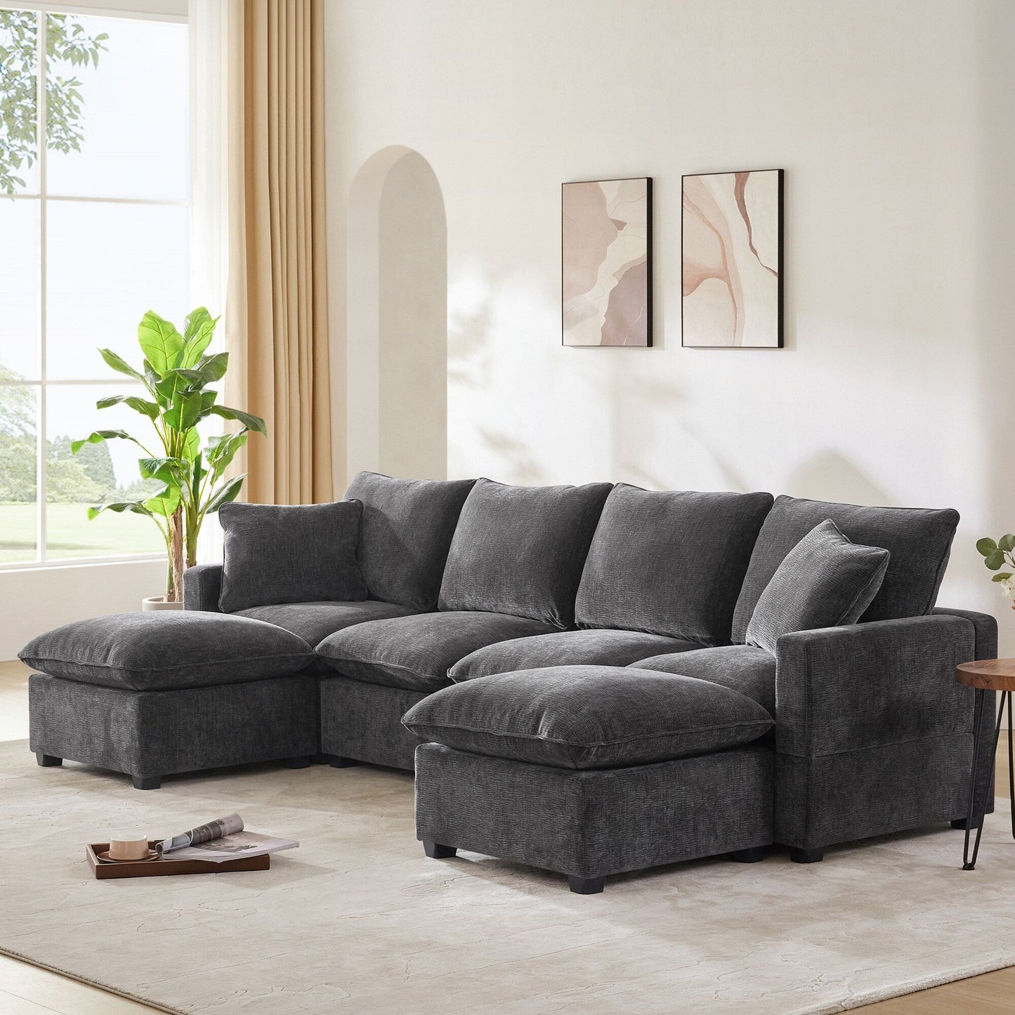 Canapé modulaire moderne, ensemble de canapés sectionnels 4 places en chenille avec 2 coussins inclus, mobilier d'intérieur librement combinable