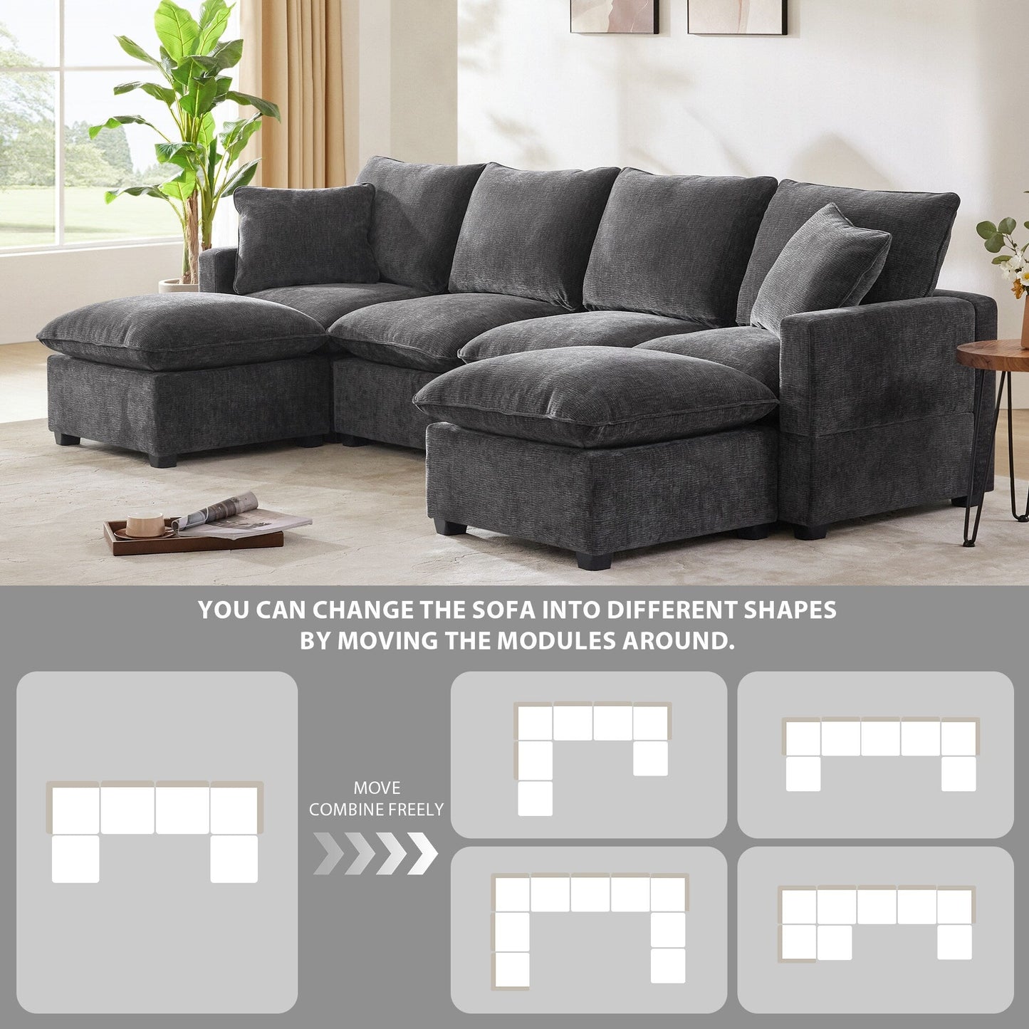Canapé modulaire moderne, ensemble de canapés sectionnels 4 places en chenille avec 2 coussins inclus, mobilier d'intérieur librement combinable