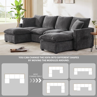 Canapé modulaire moderne, ensemble de canapés sectionnels 4 places en chenille avec 2 coussins inclus, mobilier d'intérieur librement combinable
