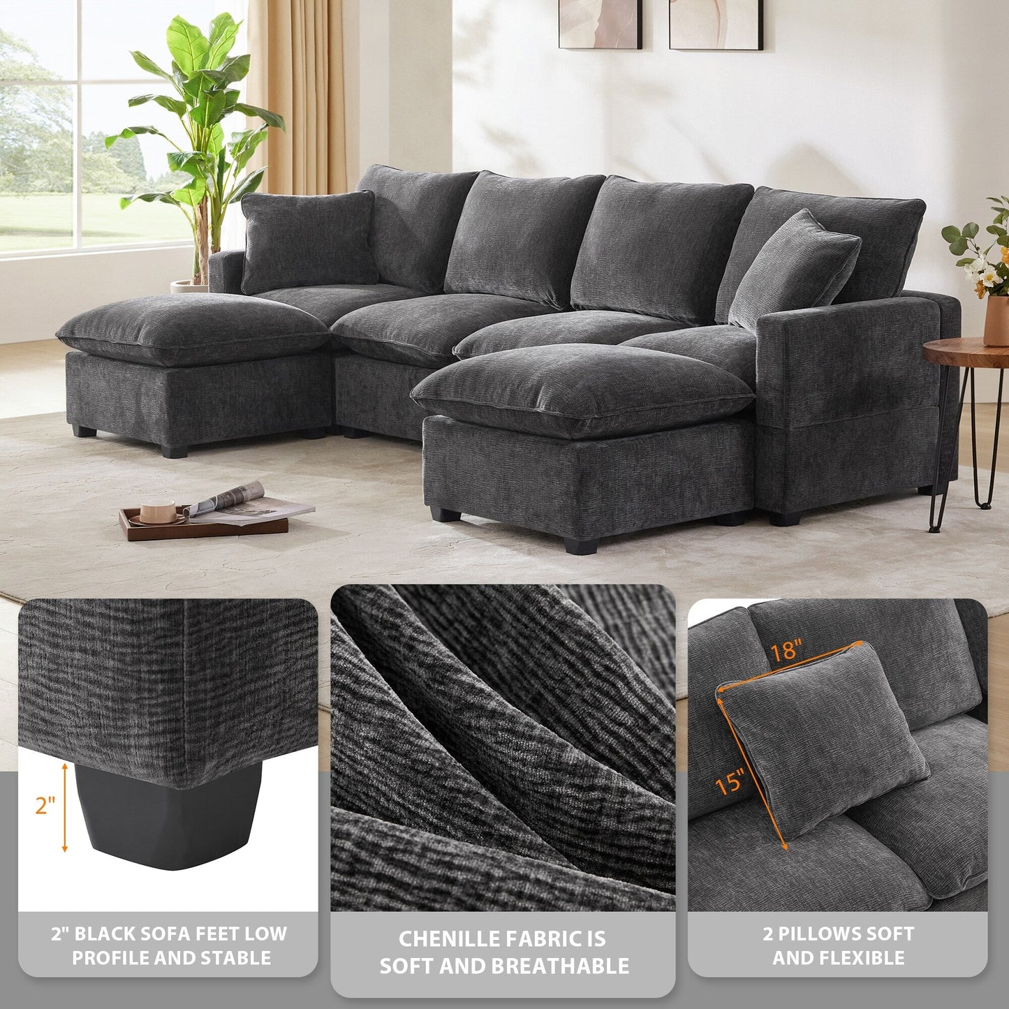 Canapé modulaire moderne, ensemble de canapés sectionnels 4 places en chenille avec 2 coussins inclus, mobilier d'intérieur librement combinable