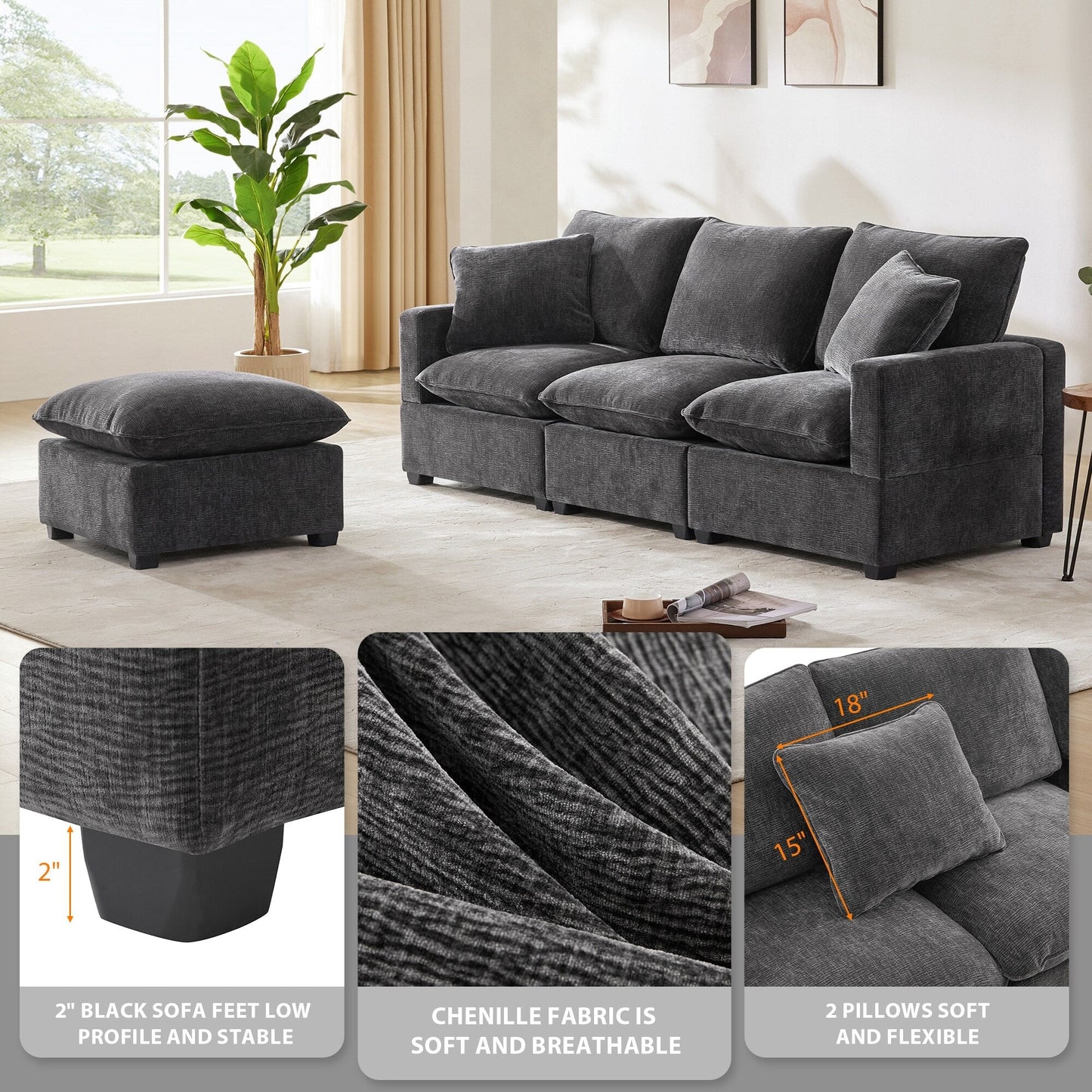 Canapé modulaire moderne, ensemble de canapés sectionnels 4 places en chenille avec 2 coussins inclus, mobilier d'intérieur librement combinable