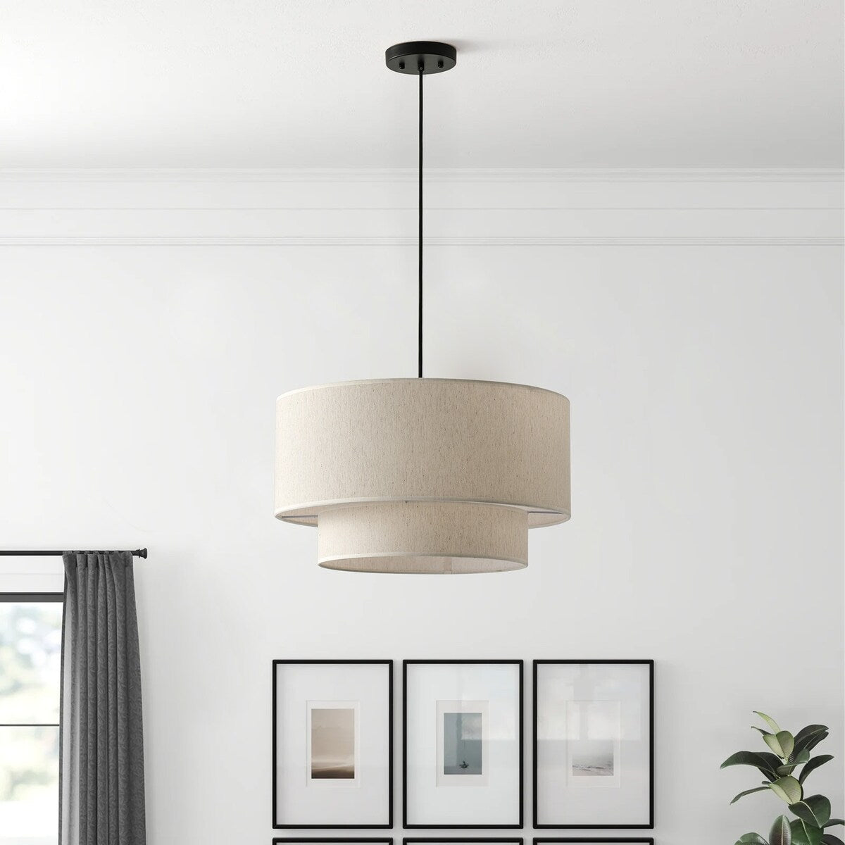 Suspension tambour moderne blanc cassé avec abat-jour en lin à deux niveaux