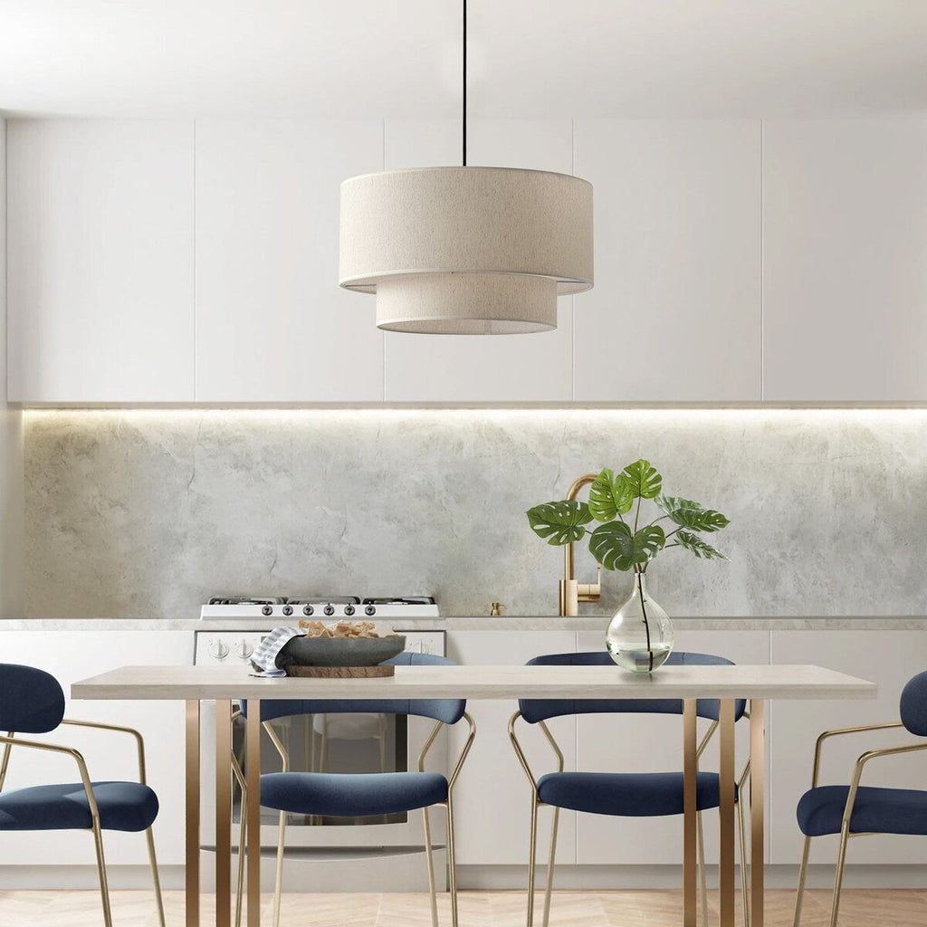Suspension tambour moderne blanc cassé avec abat-jour en lin à deux niveaux