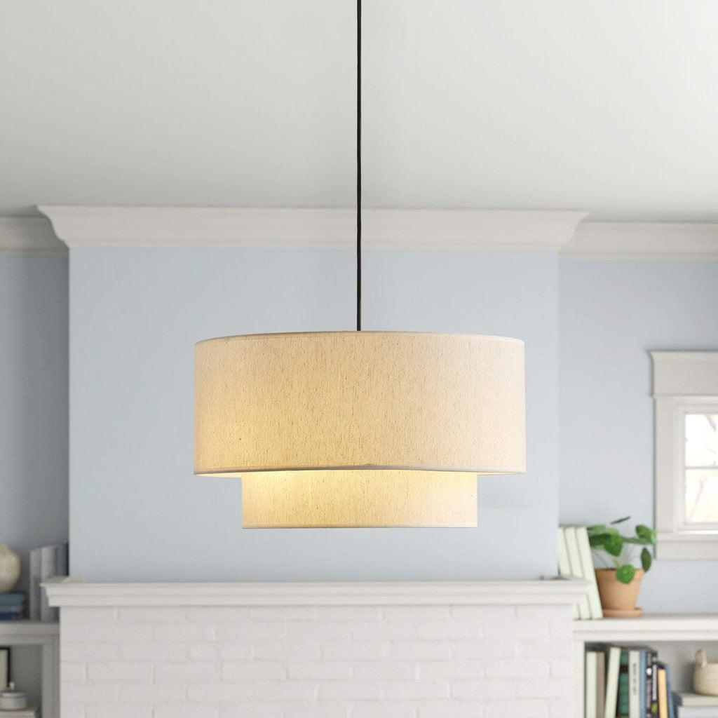 Suspension tambour moderne blanc cassé avec abat-jour en lin à deux niveaux