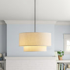 Suspension tambour moderne blanc cassé avec abat-jour en lin à deux niveaux