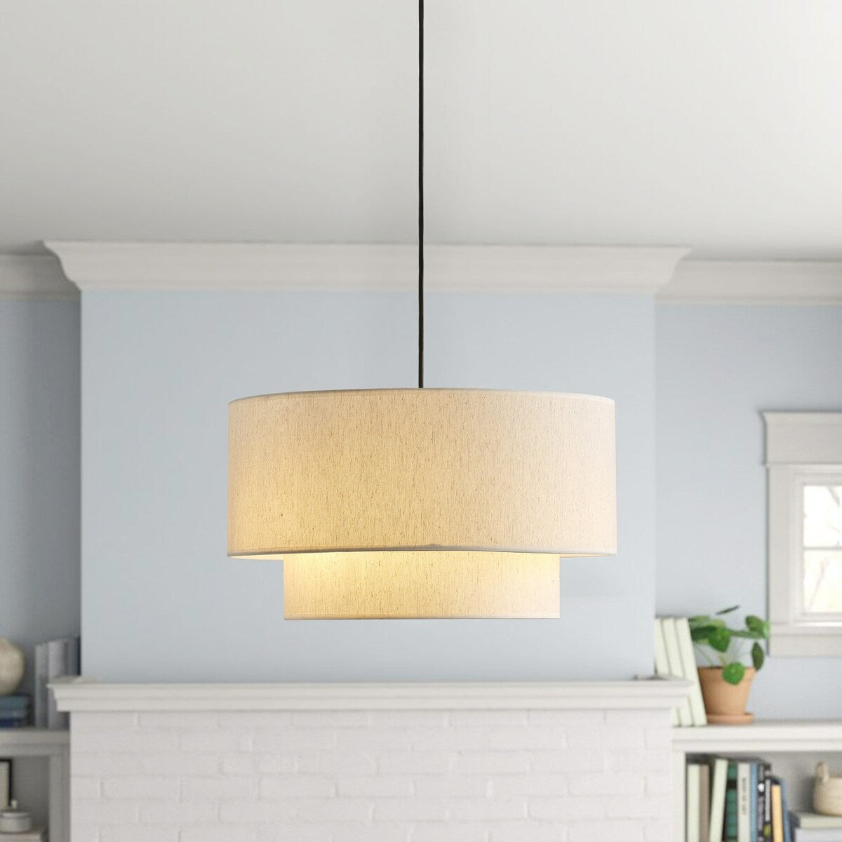 Suspension tambour moderne blanc cassé avec abat-jour en lin à deux niveaux