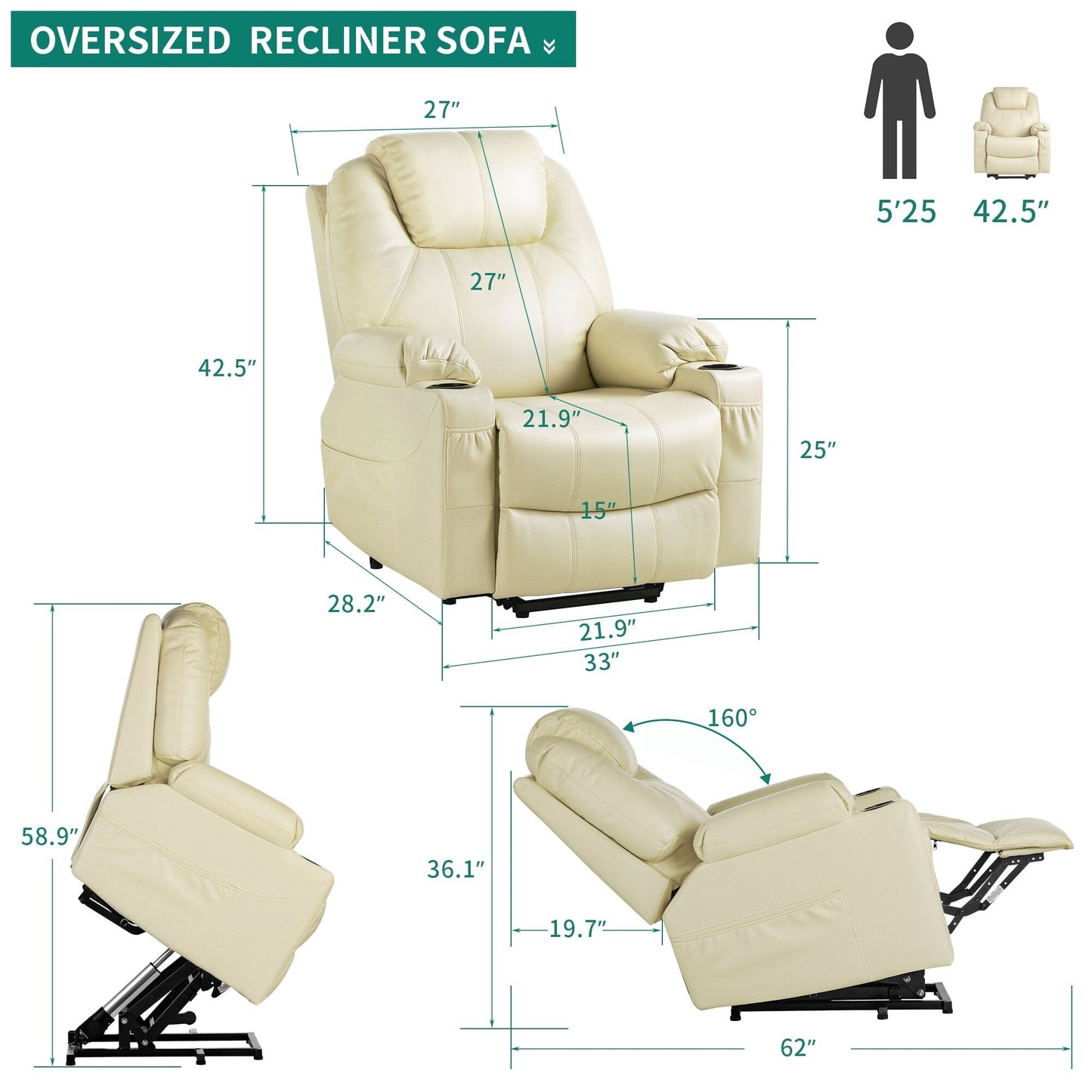Fauteuil inclinable moderne blanc cassé en similicuir/tissu massant