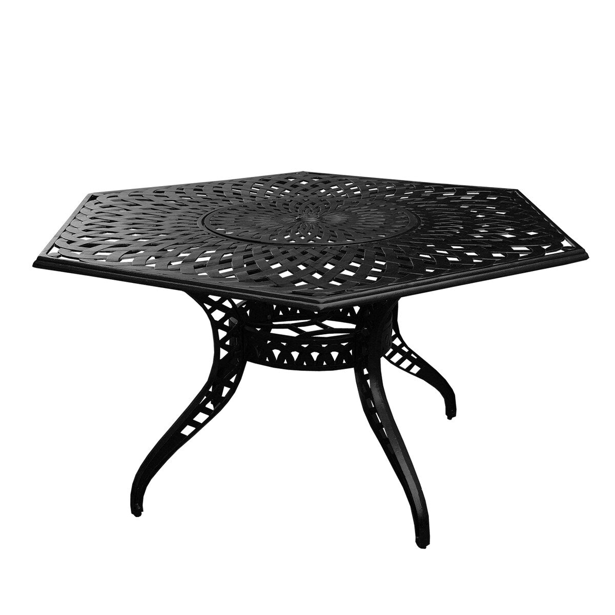 Ensemble de salle à manger de patio hexagonal moderne et orné en aluminium de 160 cm avec plateau tournant et six chaises - N/A