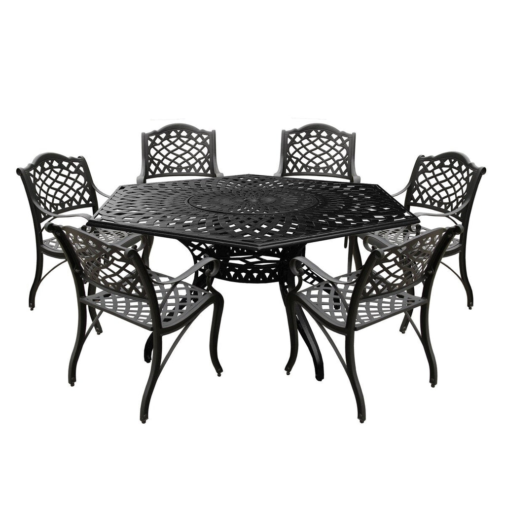 Ensemble de salle à manger de patio hexagonal moderne et orné en aluminium de 160 cm avec plateau tournant et six chaises - N/A