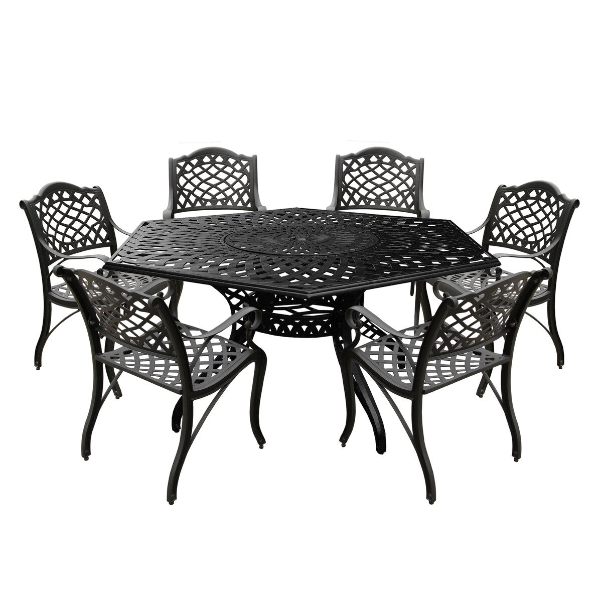 Ensemble de salle à manger de patio hexagonal moderne et orné en aluminium de 160 cm avec plateau tournant et six chaises - N/A