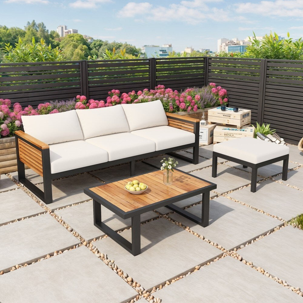 Ensemble de canapés d'extérieur modernes 3 pièces en bois d'acacia et métal pour patio