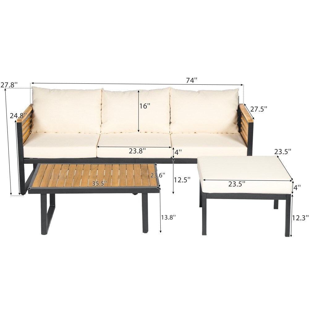Ensemble de canapés d'extérieur modernes 3 pièces en bois d'acacia et métal pour patio