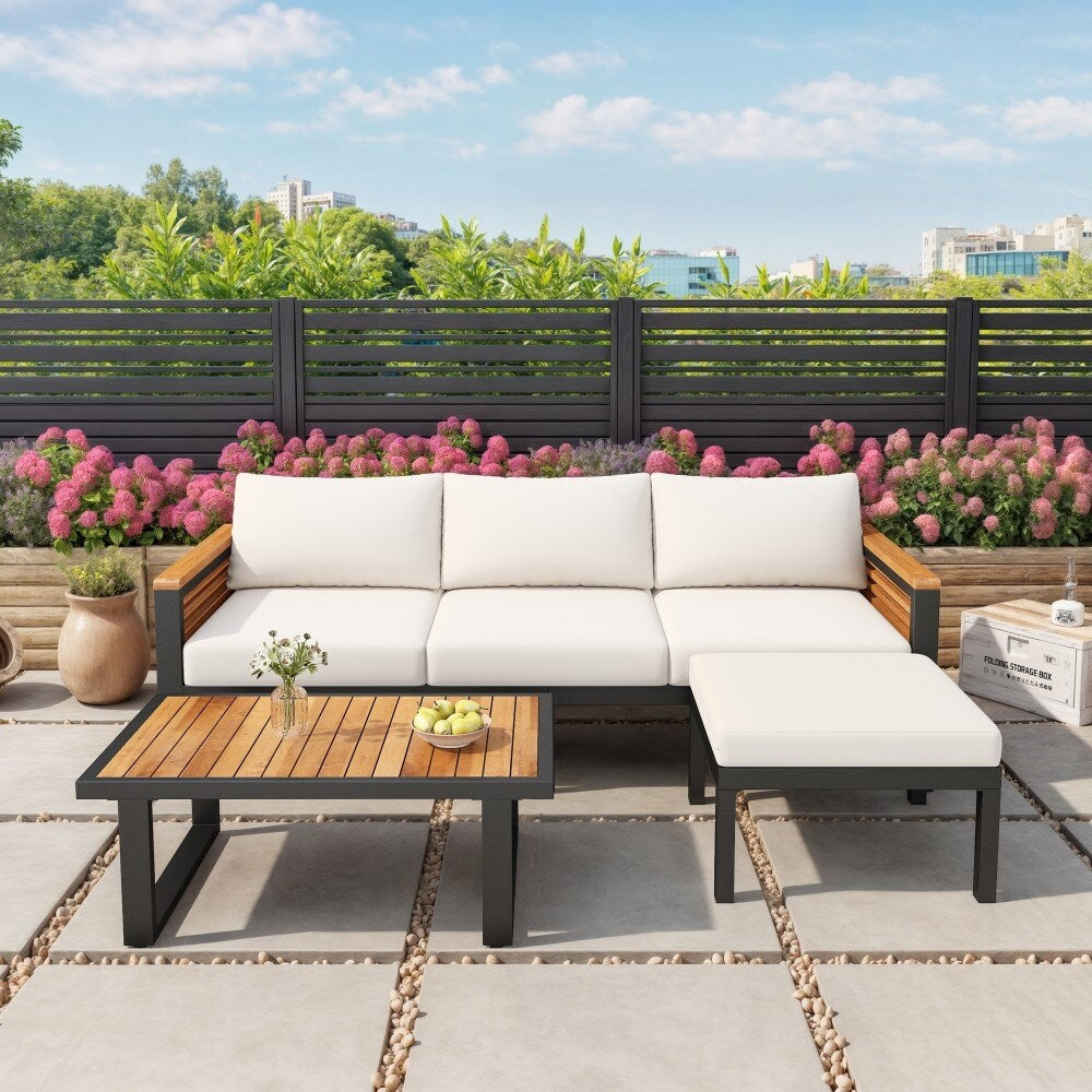 Ensemble de canapés d'extérieur modernes 3 pièces en bois d'acacia et métal pour patio