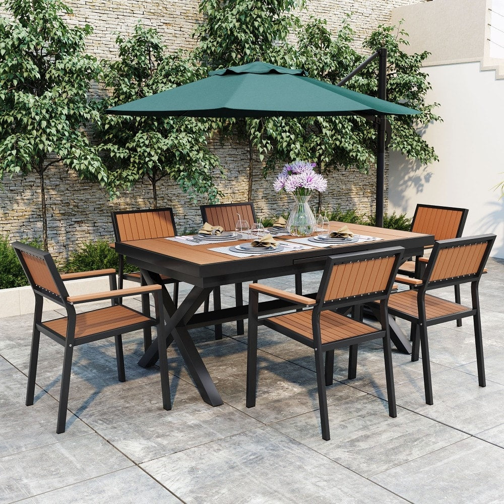 Ensemble de salle à manger d'extérieur moderne de 7 pièces avec six chaises et une table extensible pour patio