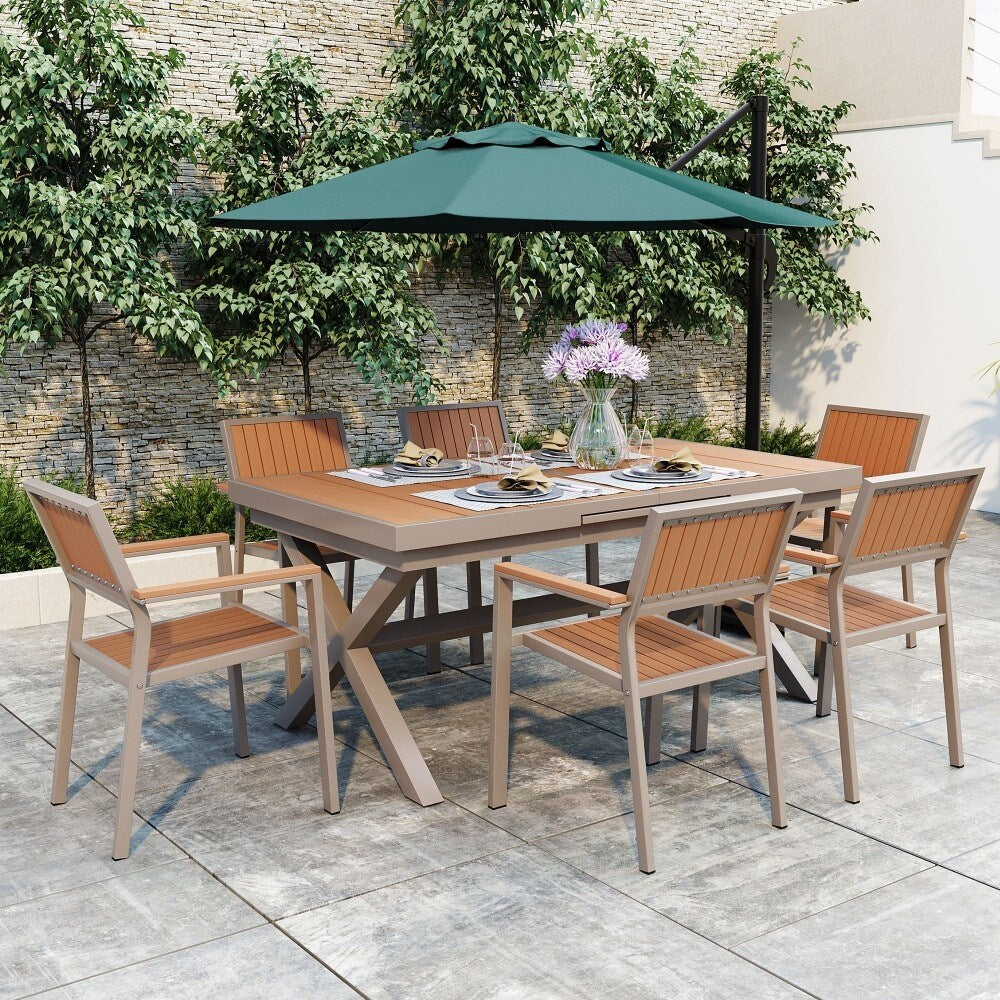 Ensemble de salle à manger d'extérieur moderne de 7 pièces avec six chaises et une table extensible pour patio