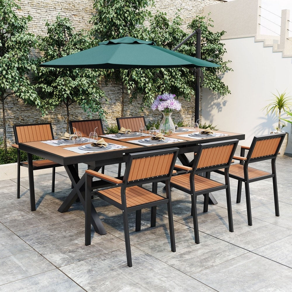 Ensemble de salle à manger d'extérieur moderne de 7 pièces avec six chaises et une table extensible pour patio