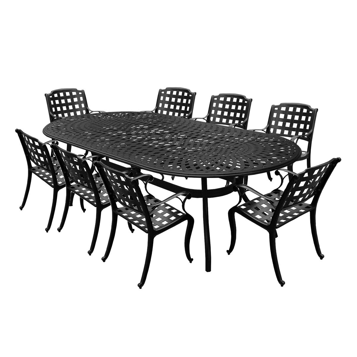 Ensemble de salle à manger ovale moderne en aluminium avec treillis en maille de 95 po et huit fauteuils - N/A