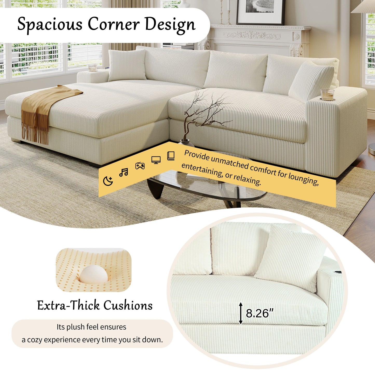 Canapé sectionnel 3 places moderne et surdimensionné avec porte-gobelets et ports de chargement USB, coussins épais pour le salon