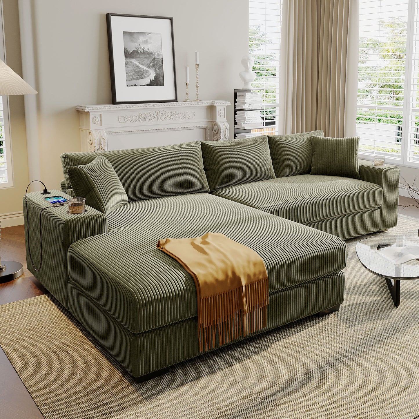 Canapé sectionnel 3 places moderne et surdimensionné avec porte-gobelets et ports de chargement USB, coussins épais pour le salon