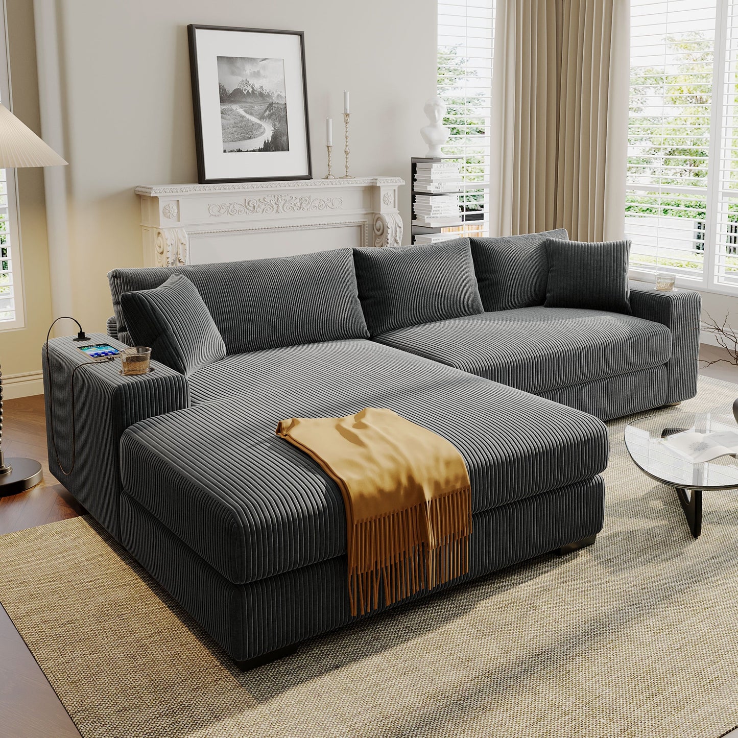 Canapé sectionnel 3 places moderne et surdimensionné avec porte-gobelets et ports de chargement USB, coussins épais pour le salon