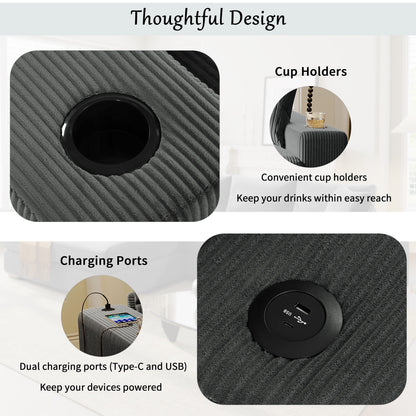 Canapé sectionnel 3 places moderne et surdimensionné avec porte-gobelets et ports de chargement USB, coussins épais pour le salon