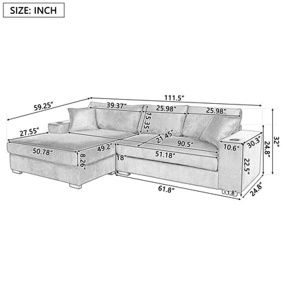 Canapé sectionnel 3 places moderne et surdimensionné avec porte-gobelets et ports de chargement USB, coussins épais pour le salon