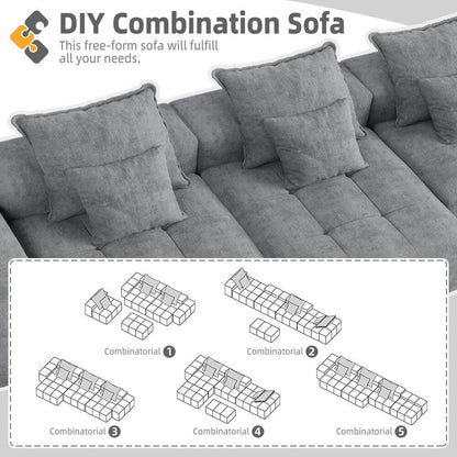 Canapé modulaire moderne surdimensionné en chenille, capitonné, avec 6 oreillers et pouf pour le salon