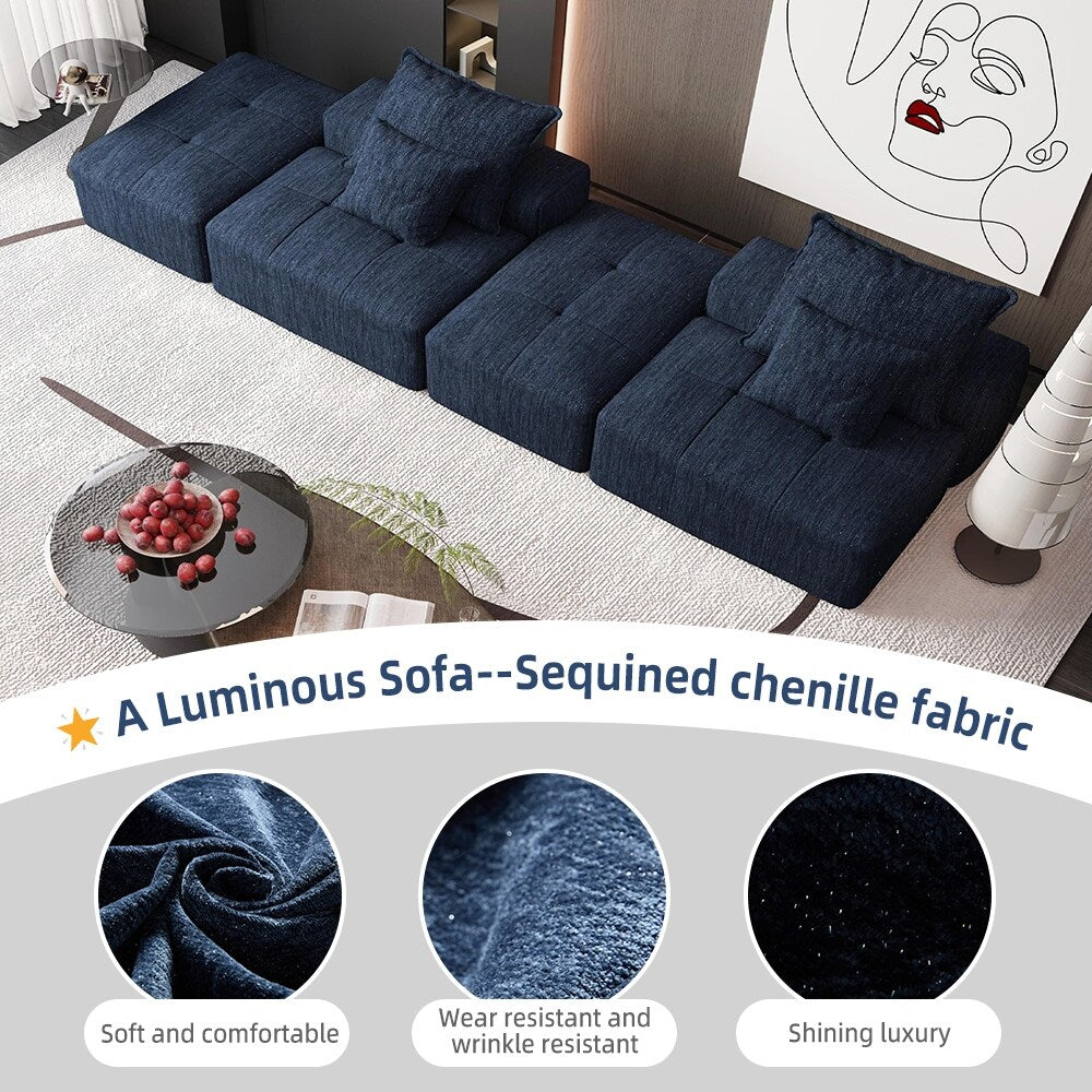 Canapé modulaire moderne surdimensionné en chenille avec 2 poufs, 2 places et 4 coussins pour le salon