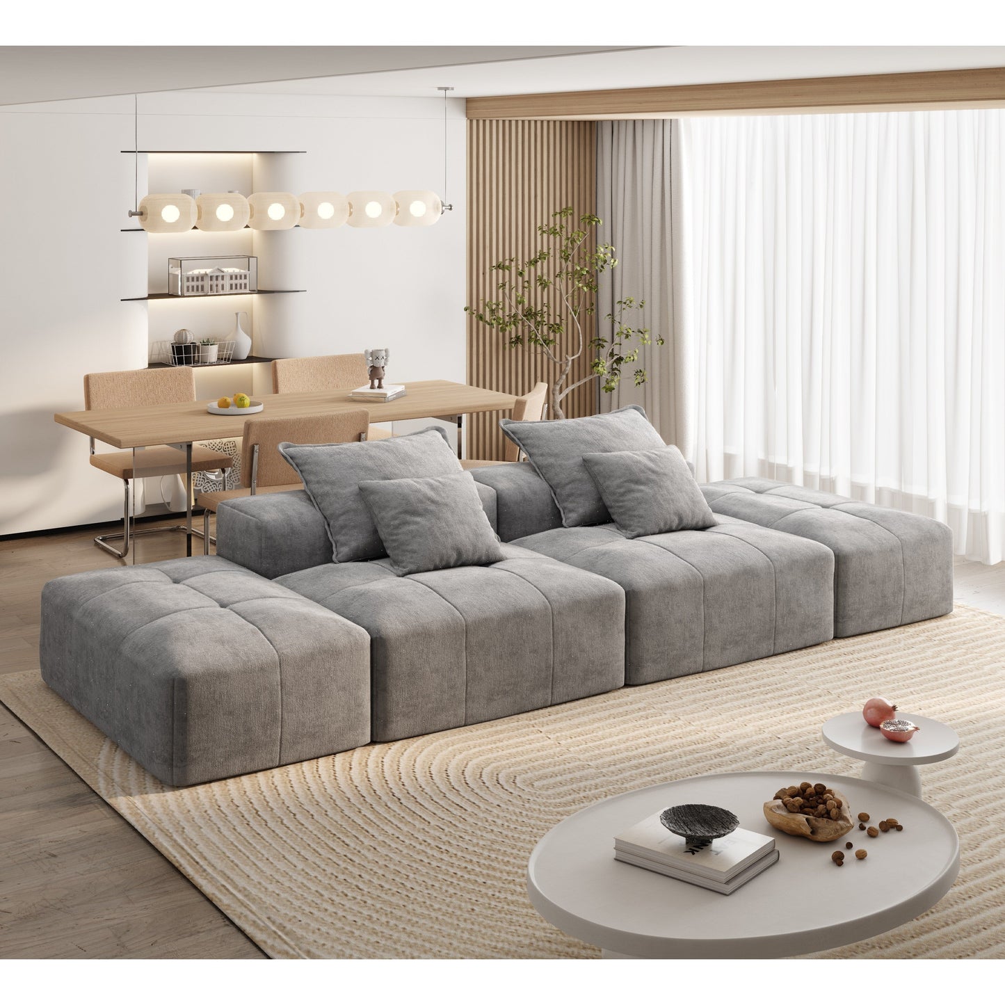 Canapé modulaire moderne surdimensionné en chenille avec 2 poufs, 2 places et 4 coussins pour le salon