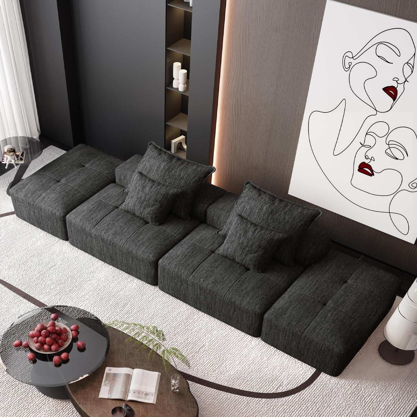 Canapé modulaire moderne surdimensionné en chenille avec 2 poufs, 2 places et 4 coussins pour le salon