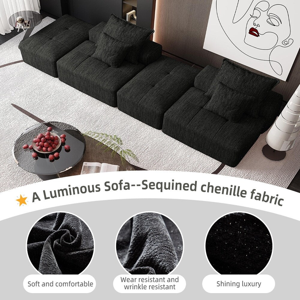 Canapé modulaire moderne surdimensionné en chenille avec 2 poufs, 2 places et 4 coussins pour le salon