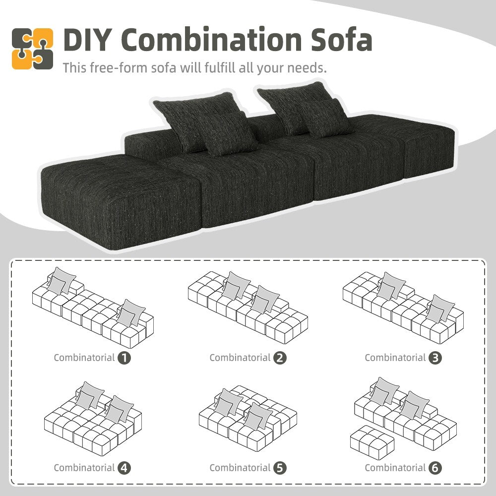 Canapé modulaire moderne surdimensionné en chenille avec 2 poufs, 2 places et 4 coussins pour le salon