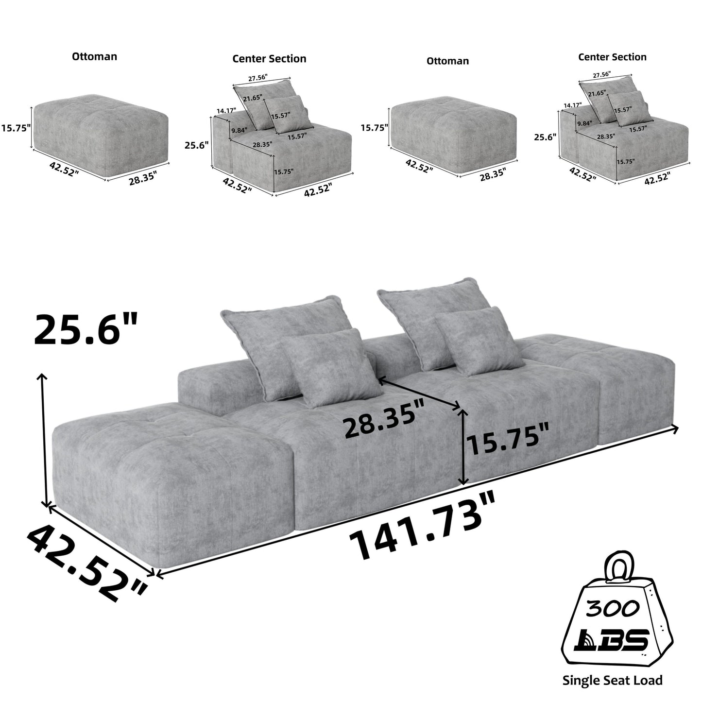 Canapé modulaire moderne surdimensionné en chenille avec 2 poufs, 2 places et 4 coussins pour le salon