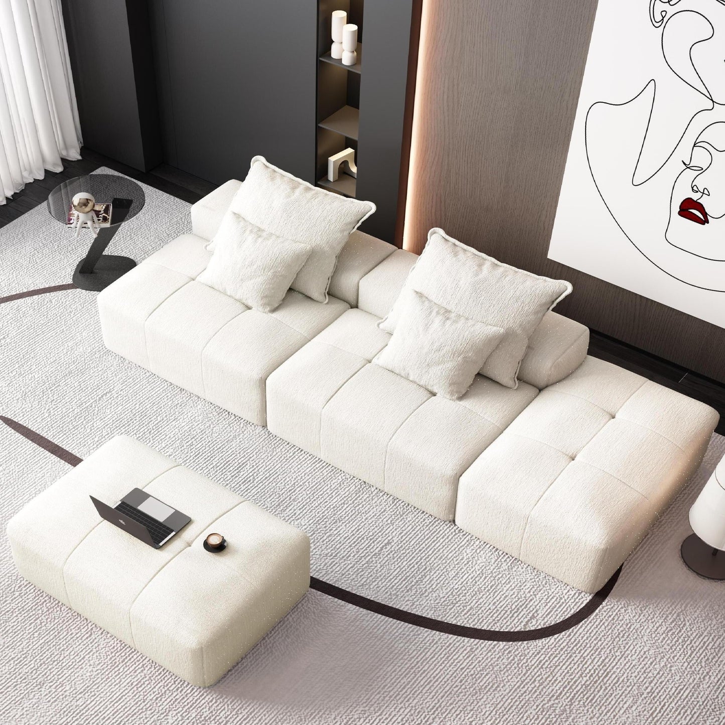 Canapé modulaire moderne surdimensionné en chenille avec 2 poufs, 2 places et 4 coussins pour le salon