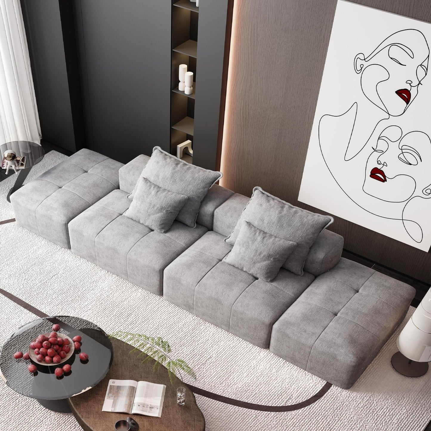 Canapé modulaire moderne surdimensionné en chenille avec 2 poufs, 2 places et 4 coussins pour le salon