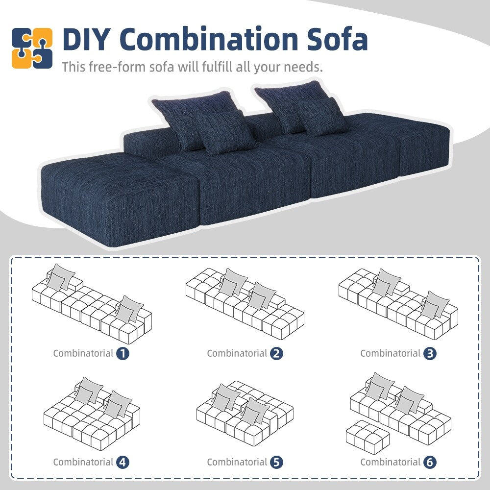 Canapé modulaire moderne surdimensionné en chenille avec 2 poufs, 2 places et 4 coussins pour le salon