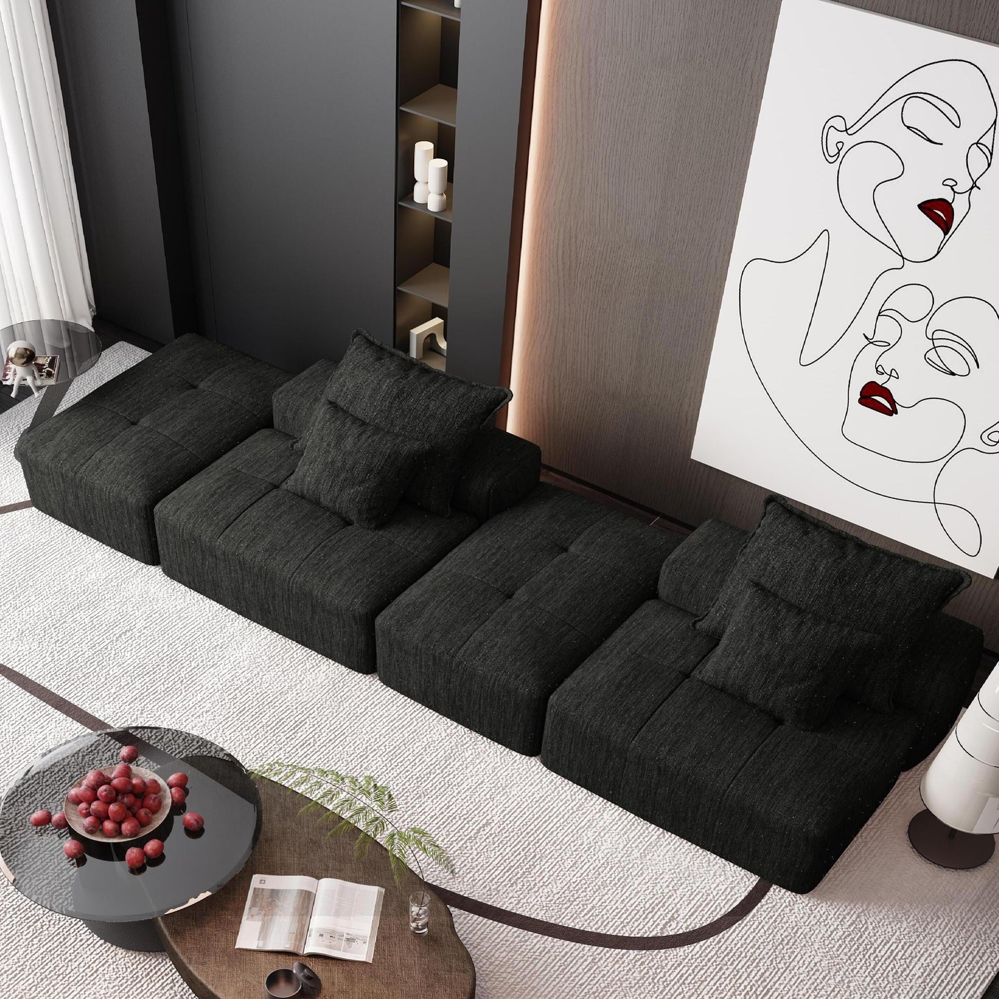 Canapé modulaire moderne surdimensionné en chenille avec 2 poufs, 2 places et 4 coussins pour le salon