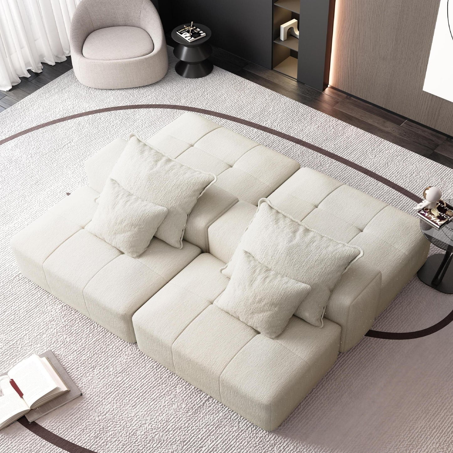 Canapé modulaire moderne surdimensionné en chenille avec 2 poufs, 2 places et 4 coussins pour le salon